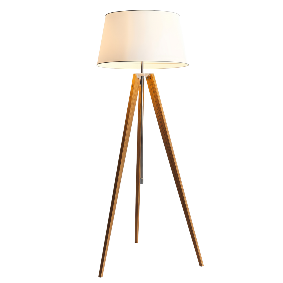 Modern cozy house floor lamp with wooden tripod legs and transparent shade isolated on a transparent background, modern cozy house floor lamp isolated on transparent background png