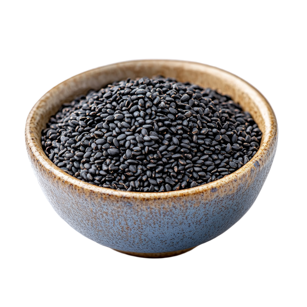Black sesame seeds in a rustic bowl isolated on a clean transparent background, black sesame in a bowl isolated on transparent background png
