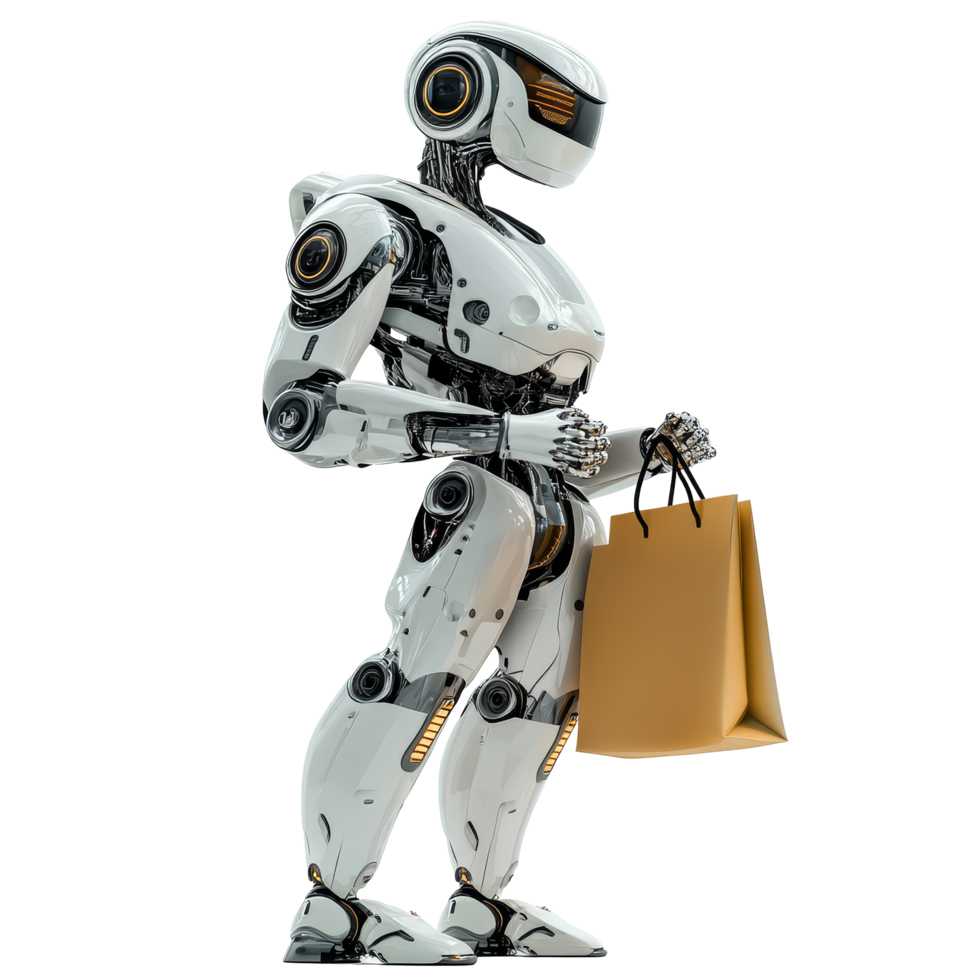 Futuristic shopping robot carrying a brown bag in a sleek transparent background, Futuristic Shopping Robot Holding a Bag On transparent background png