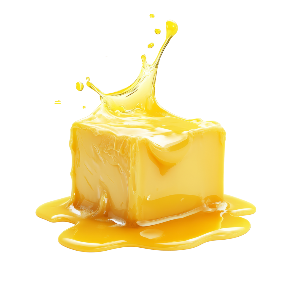 A cube of butter melting and oozing golden liquid on a transparent background, capturing the essence of warmth in culinary art, Cube butter melting isolated png