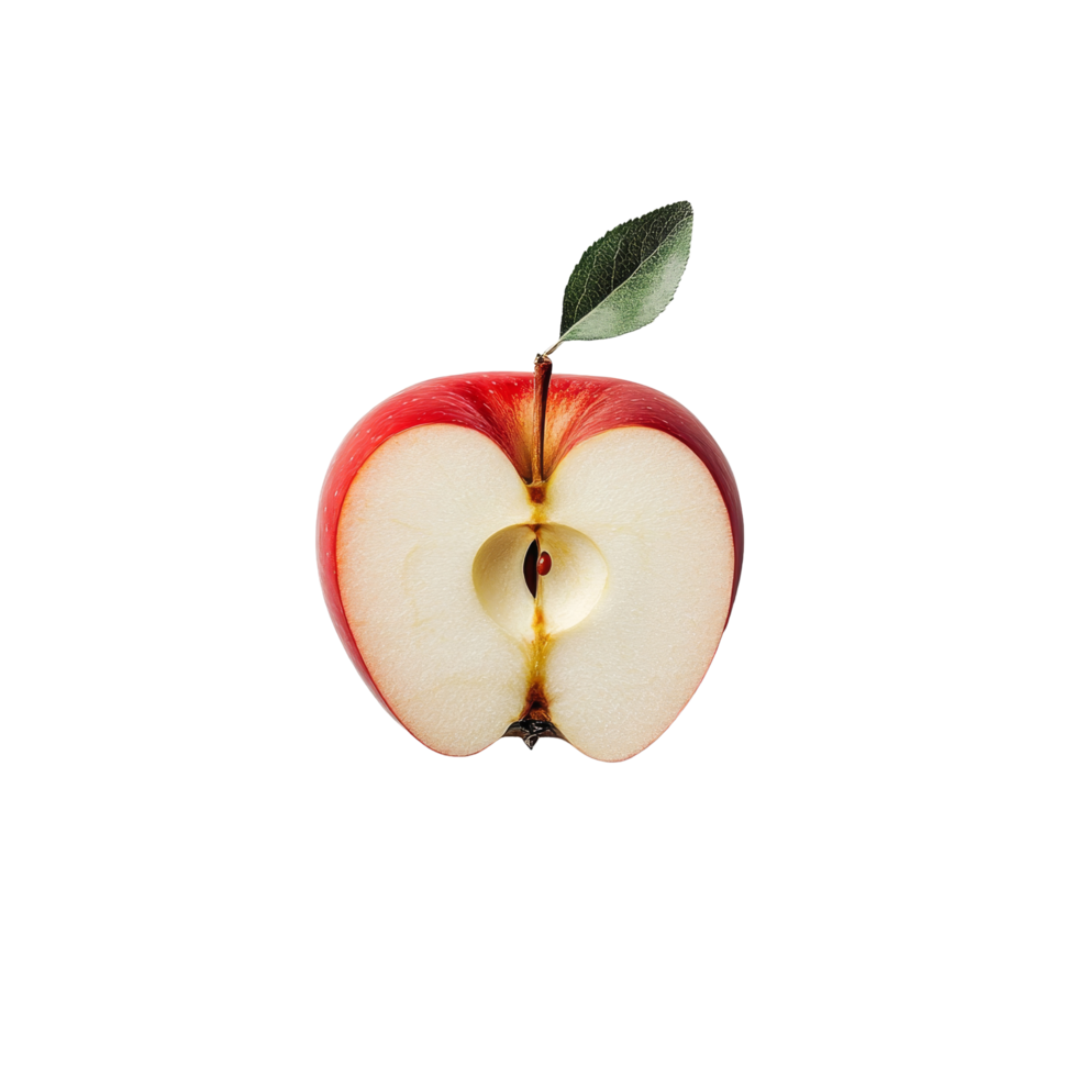 A fresh half apple with a green leaf on a stark transparent background showcasing natural colors, Apple half on transparent background png