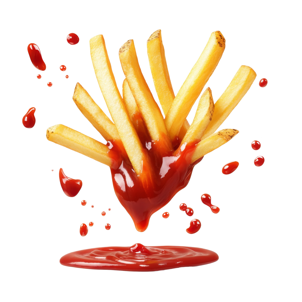 Flying french fries splashing into ketchup against a transparent background, illustrating fun food dynamics, Flying french fries with ketchup splash isolated png