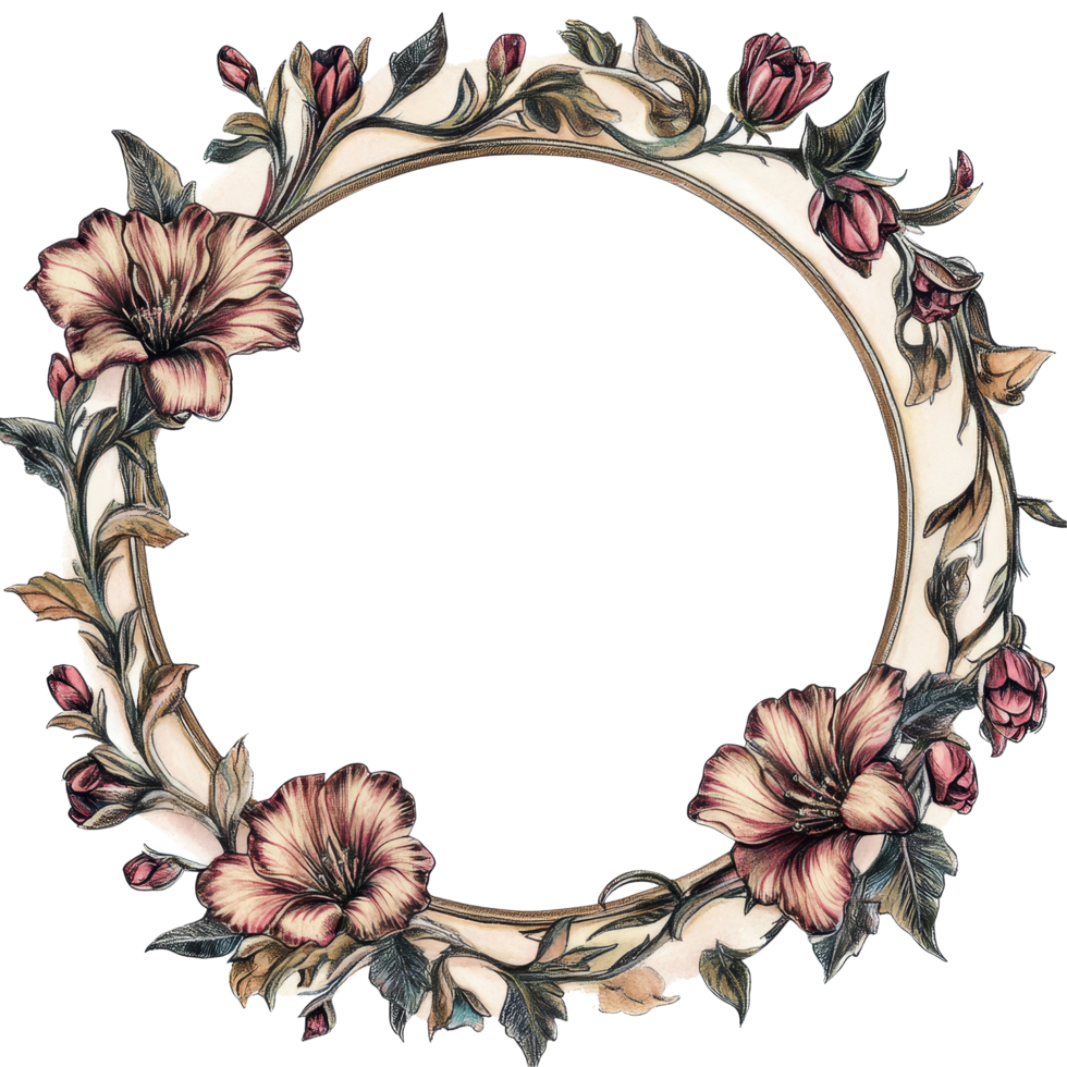 Decorative circular frame featuring floral designs in soft colors on a transparent background, ideal for elegant invitations or art projects, circular frame on transparent background png