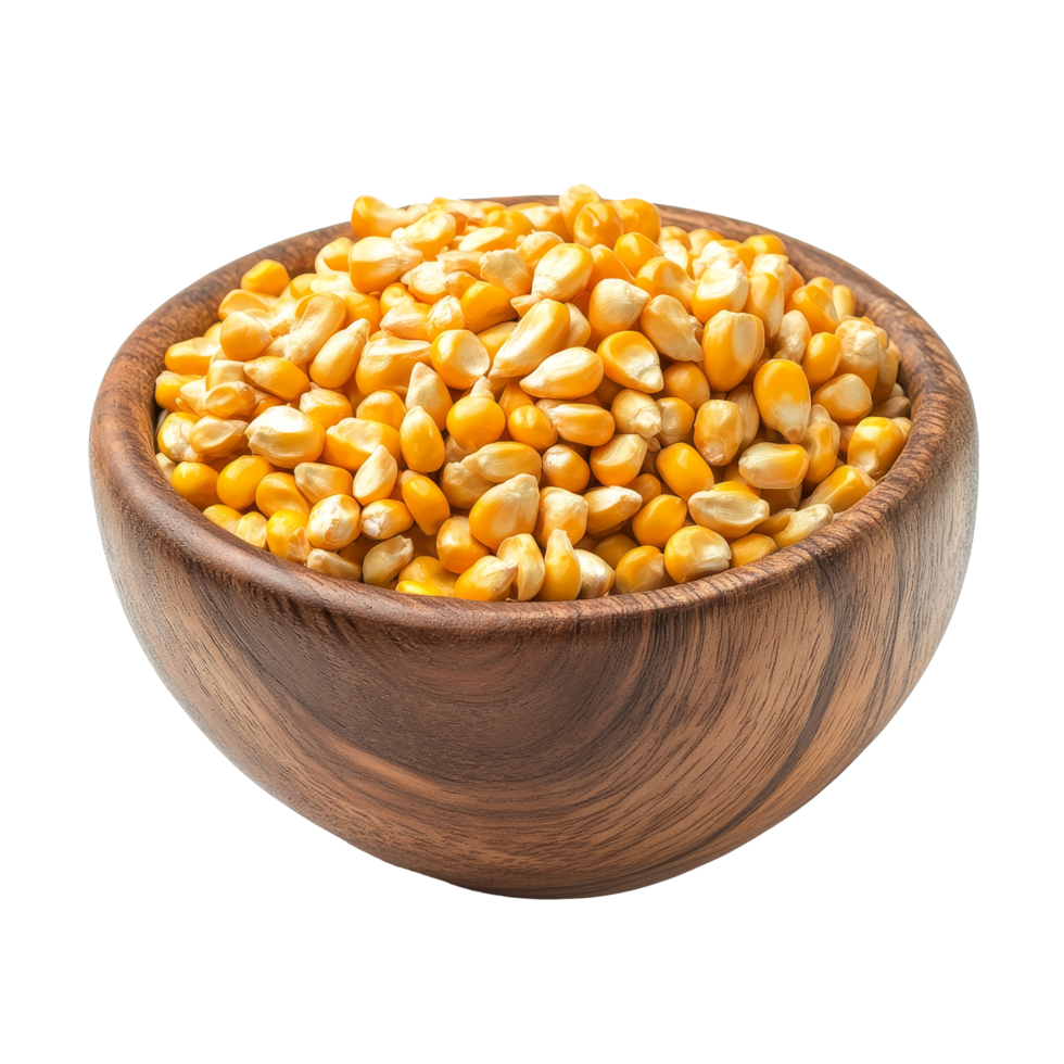 Corn seeds displayed in a rustic wooden bowl on a transparent background, emphasizing their vibrant yellow color and natural texture, Corn seeds in wood bowl isolated on transparent background png