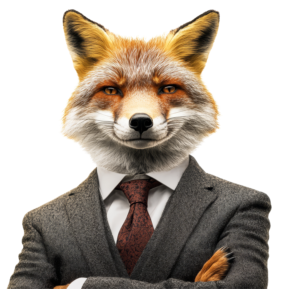 A fox in a tailored suit stands confidently, arms crossed, exuding a blend of intelligence and business acumen, Fox wearing business attire on transparent background Smart strategy concept png