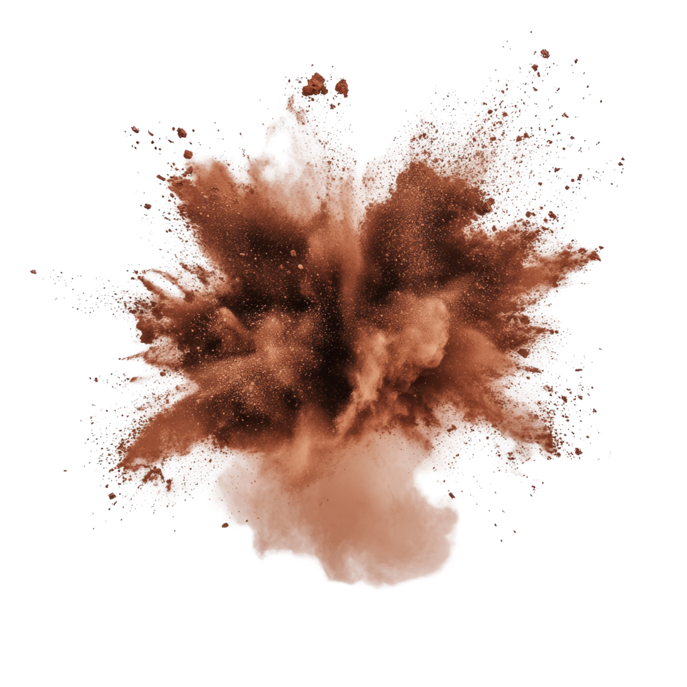 Brown powder explosion captured in isolation against a transparent backdrop for artistic effects, brown color powder explosion isolated on transparent background png
