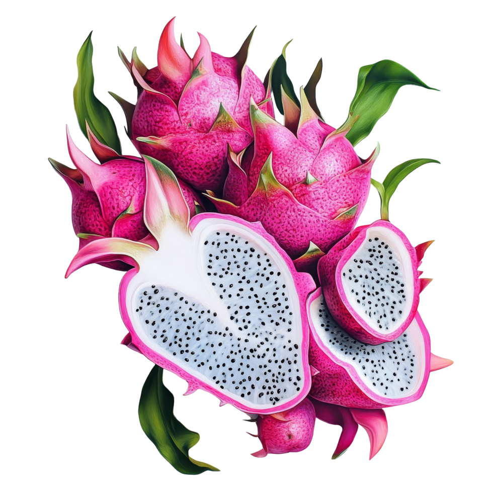 Vibrant dragonfruit arrangement on a clean transparent background showcasing its unique colors and textures, dragonfruit on transparent background png