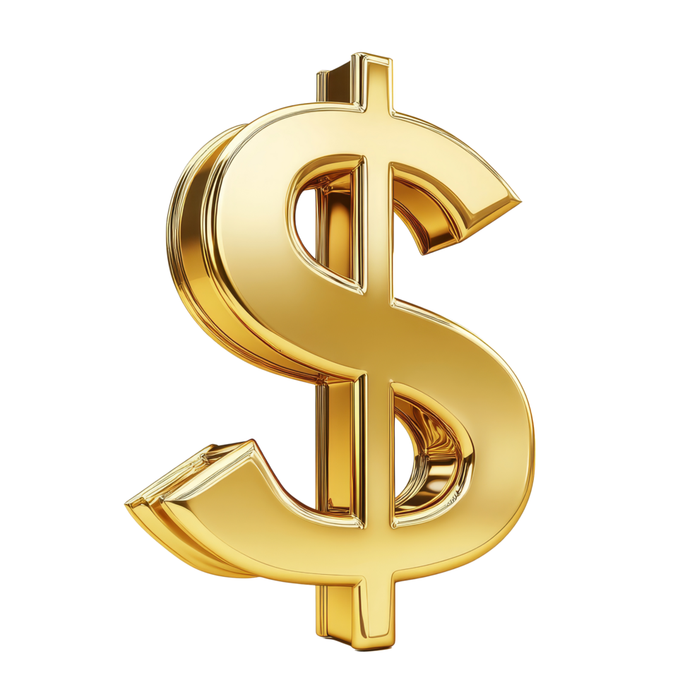 Golden dollar sign financial symbol resting on a transparent surface, reflecting wealth and prosperity, 3D Golden Dollar Sign, Financial Symbol, Isolated on transparent background Background png