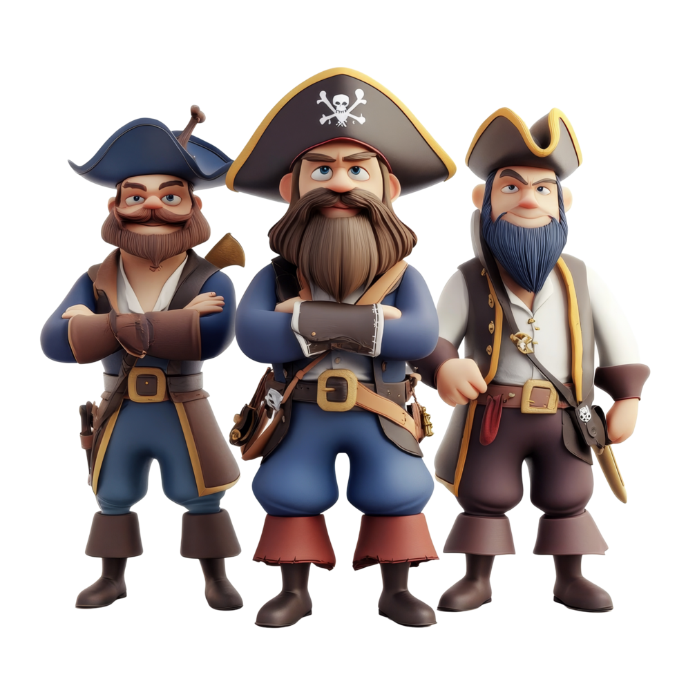 Three cartoon pirates are set for adventure with swords in a playful scene, 3D Cartoon Pirate Characters, Swashbuckling Buccaneers Isolated on transparent background png