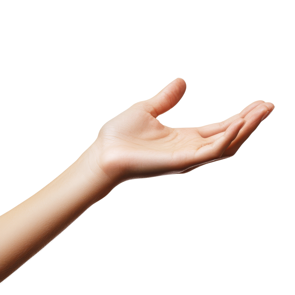 A womans hand reaching out in a gentle gesture against a plain transparent background, woman hand holding somethingisolated on transparent background png