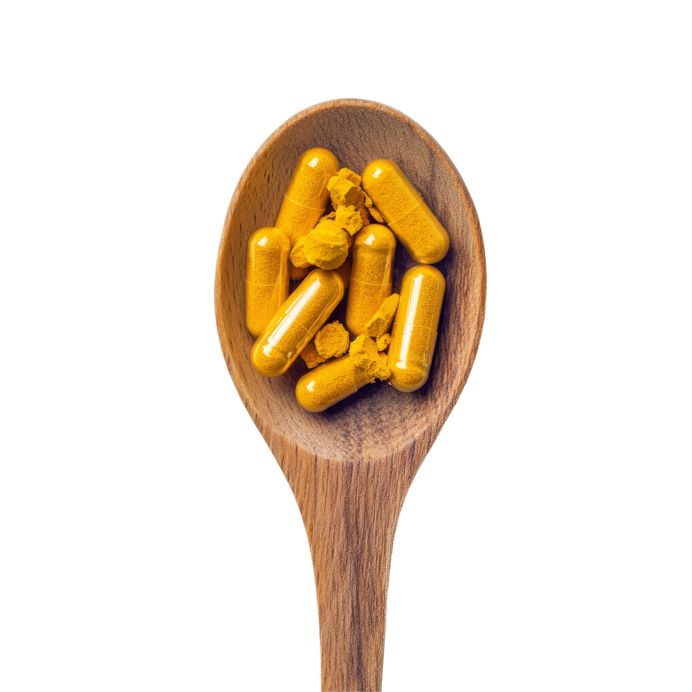 Turmeric capsules nestled in a wooden spoon against a clean transparent background, highlighting natural nutrients, Turmeric Capsule in wood spoon on transparent background png