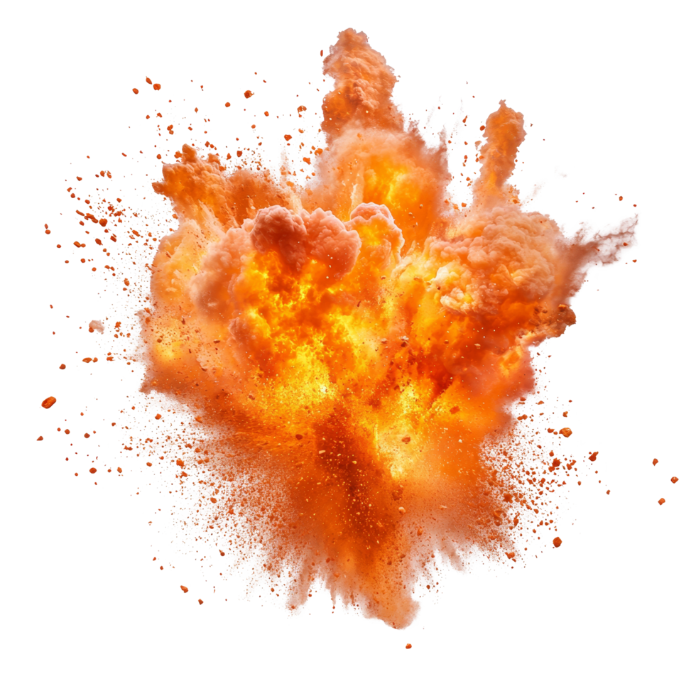 Explosions burst forth, sending vibrant orange and yellow flames mixed with clouds of smoke into the air, Fiery Explosions on transparent background png
