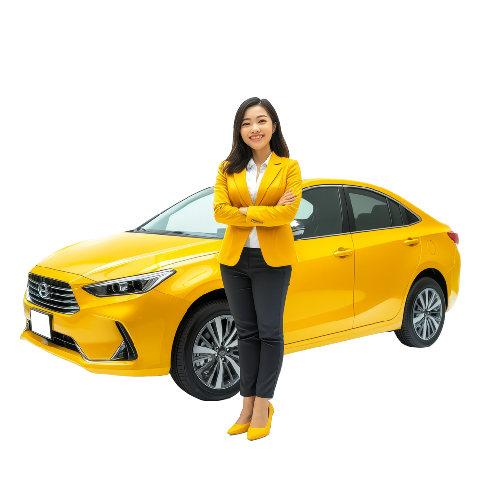 Happy young Asian woman in a yellow suit stands confidently next to a vibrant yellow car against a clean background, Happy young Asian business look woman shows yellow mock up car with OK hand sign png