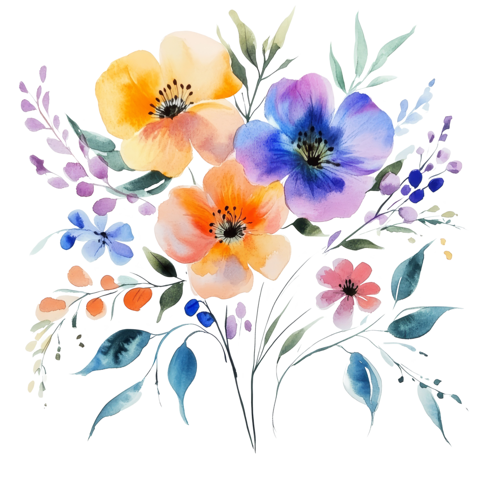 Beautiful watercolor flowers on a transparent background with vibrant colors and delicate details, Navy Watercolor Flowers on transparent background png