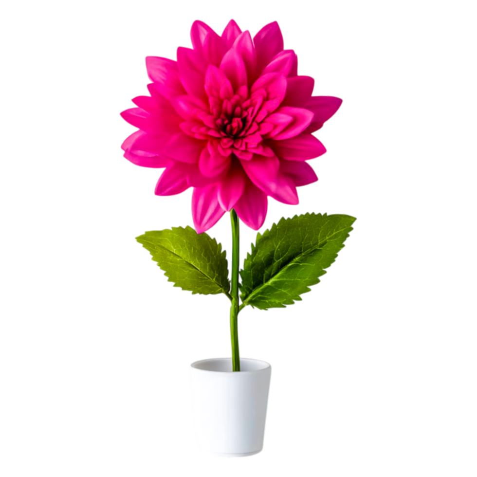 Bright Pink Dahlia Flower in White Pot with Green Leaves Arrangement png
