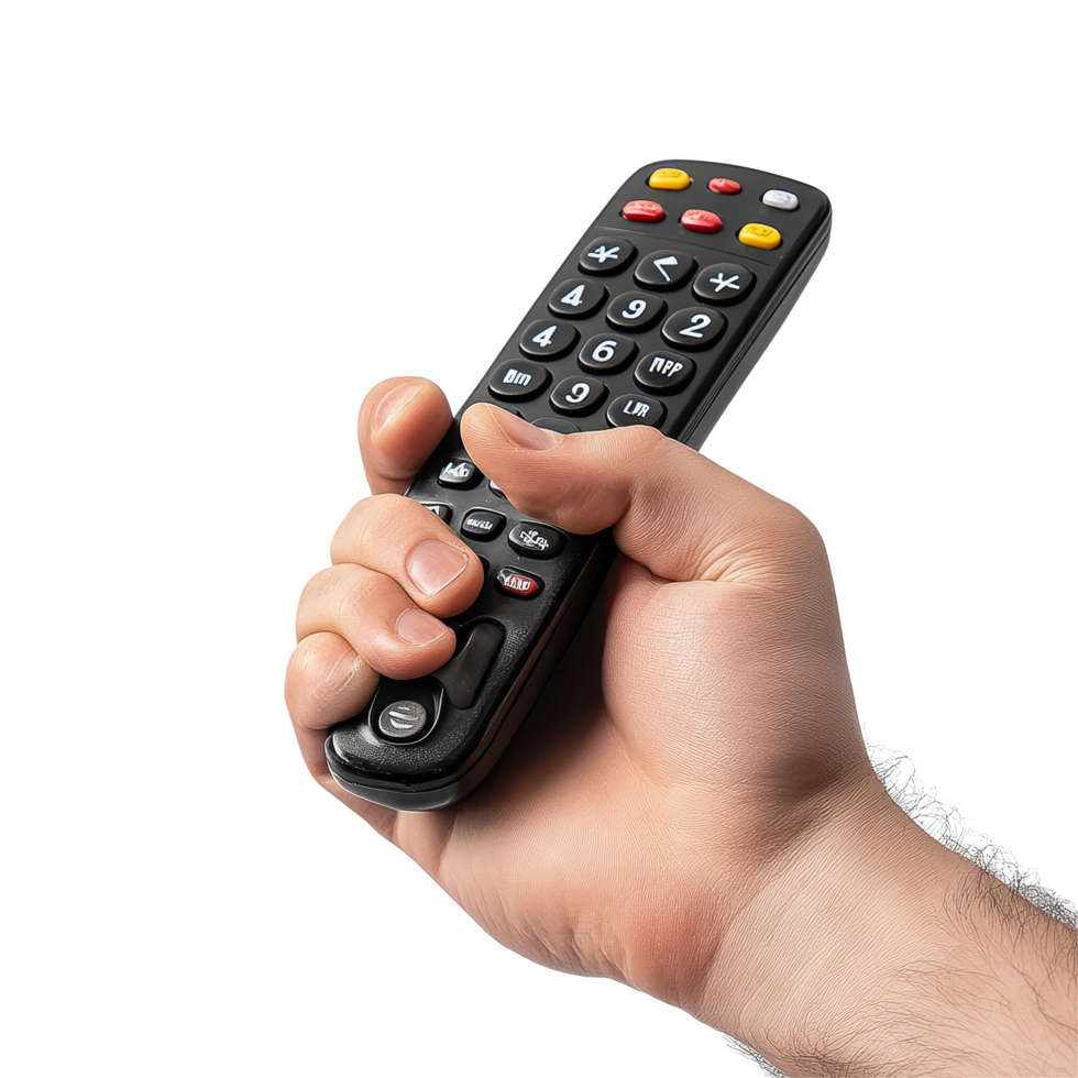 A man uses a remote control while relaxing at home on a bright, clean transparent background, A man holding remote control on transparent backgroundfile png