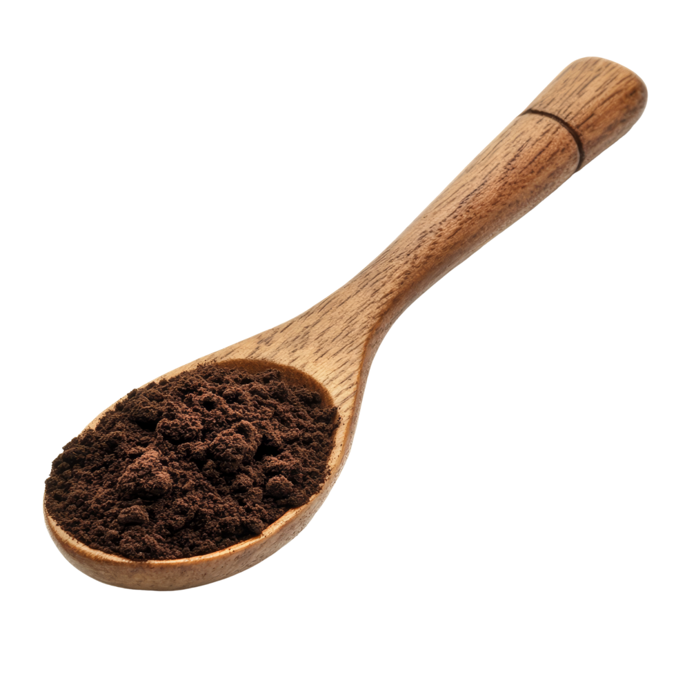 Wooden spoon filled with aromatic coffee powder isolated on a bright background for culinary inspiration, Wooden Spoon filled with coffee powder isolated on transparent background png