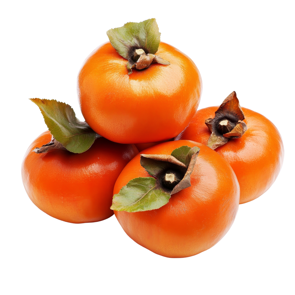 Ripe persimmons arranged neatly on a transparent background showcasing their vibrant color and fresh leaves, ripe persimmons isolated on transparent background png