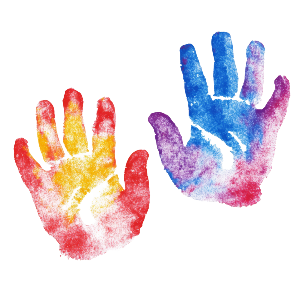 Brightly colored handprints of children showcasing creativity on a transparent background, highlighting artistic, colorful hand prints of children isolated on transparent background png
