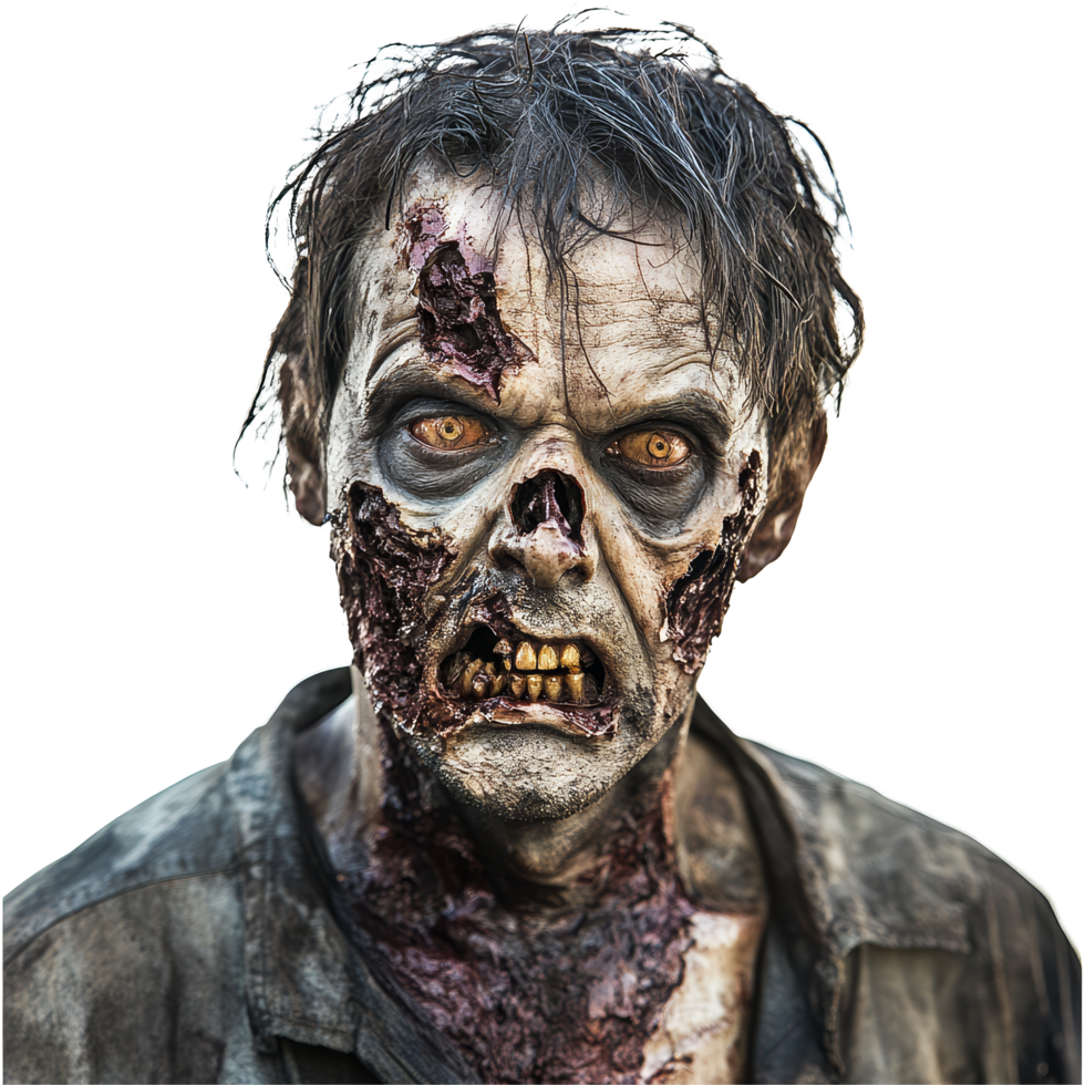 A zombie with decaying skin stares intently at the camera against a plain transparent background, Zombie facing the camera on transparent background png