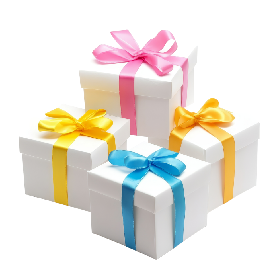 Colorful gift boxes with ribbons brighten the atmosphere for a birthday celebration, Birthday present transparent color gift boxes with colorful ribbon isolated on transparent background png