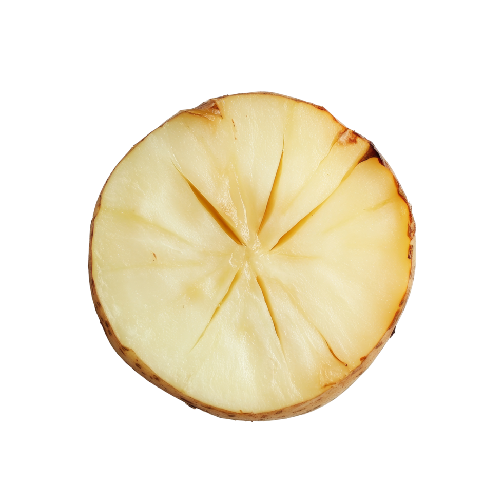 A fresh slice of potato resting on a clean transparent surface while awaiting preparation for cooking, slice potato on transparent background png