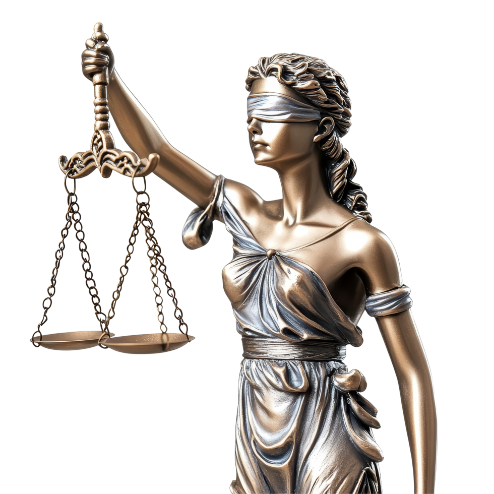 Lady Justice blindfolded holding scales represents fairness and impartiality in the judicial system, Lady Justice Blindfolded with Scales Symbol of Fairness on transparent background png
