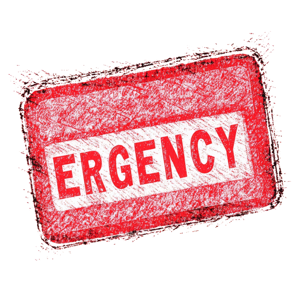 Red emergency text stamp on transparent background indicating urgent situations requiring immediate attention and action, Red EMERGENCY Text Stamp on transparent background png
