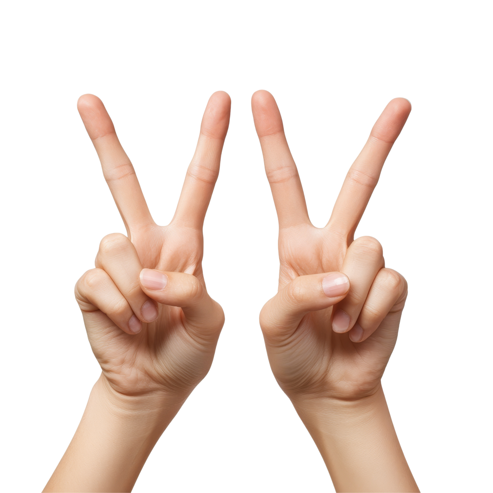 Female hands making a V sign, symbolizing peace and positivity in a cheerful and energetic context, file no background Female hands making a Vsign png