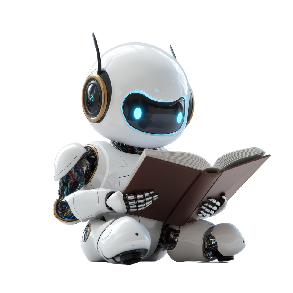 Cheerful humanoid android reading a book on a transparent background with accents during a serene moment of reflection, Cheerful Humanoid Android Reading Book on transparent background png