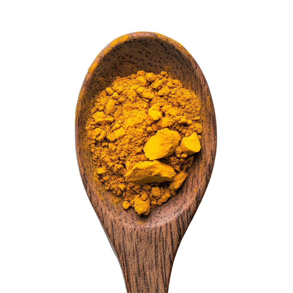 Turmeric powder in a wooden spoon against a clean transparent background showcasing its vibrant yellow color, turmeric in a wood spoon on transparent background png