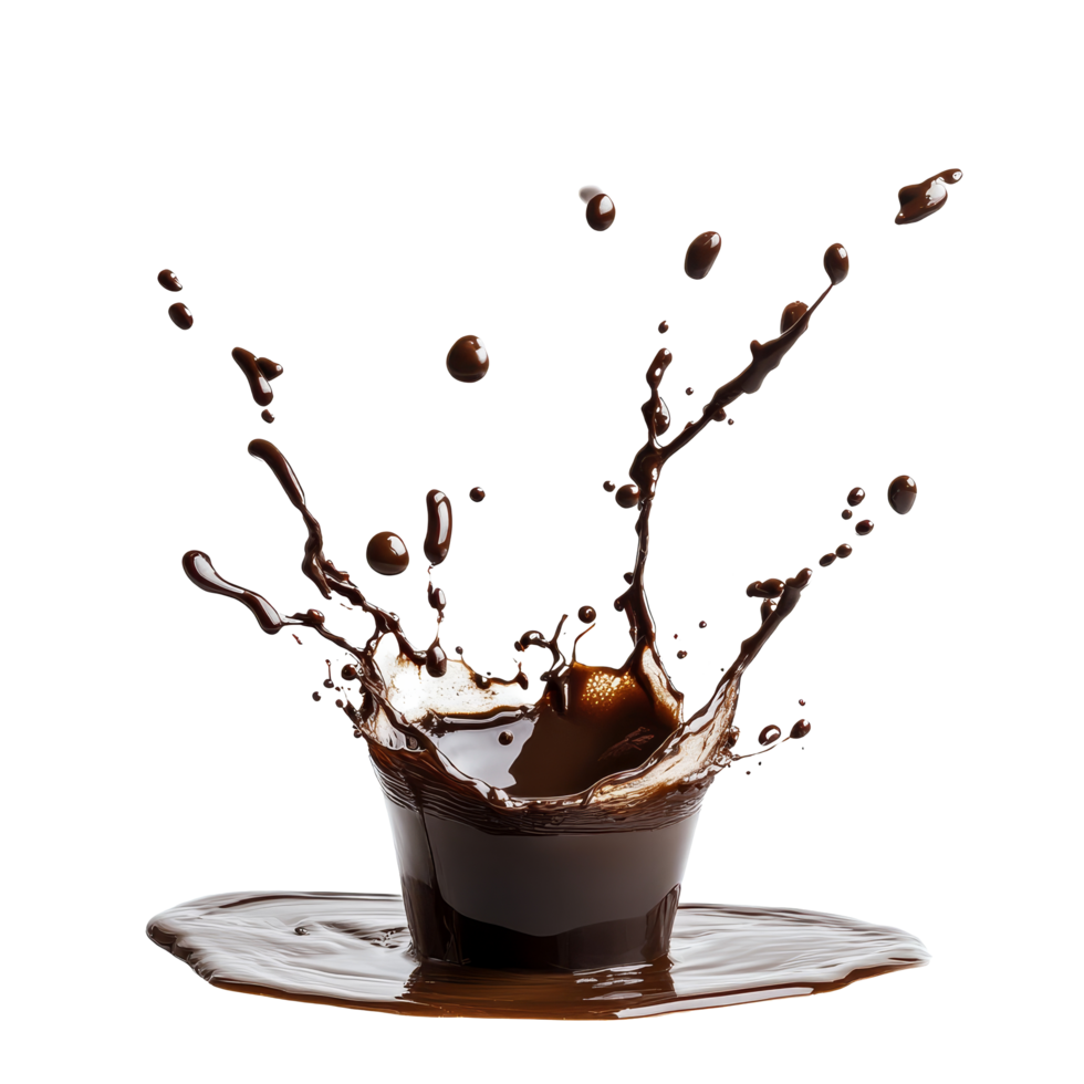 Dark espresso coffee splash captured against a transparent background, showcasing dynamic movement and rich texture of the beverage, Dark Espresso Coffee Splash on transparent background png