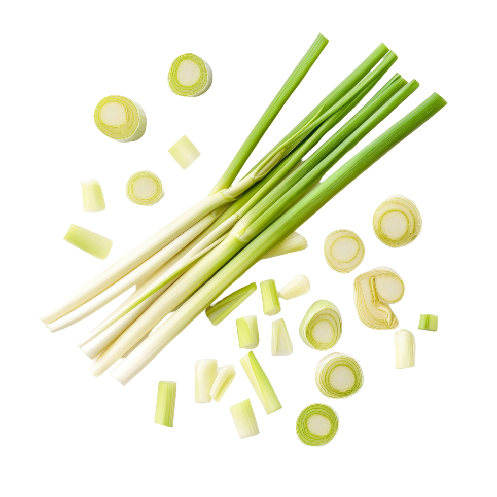 Fresh lemongrass slices presented from a top view against a clean transparent background, lemongrass slices top view isolated on transparent background png