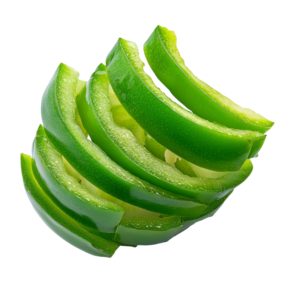 Freshly sliced green pepper pieces displayed against a clean transparent background for culinary and health purposes, Sliced green pepper isolated on transparent background png