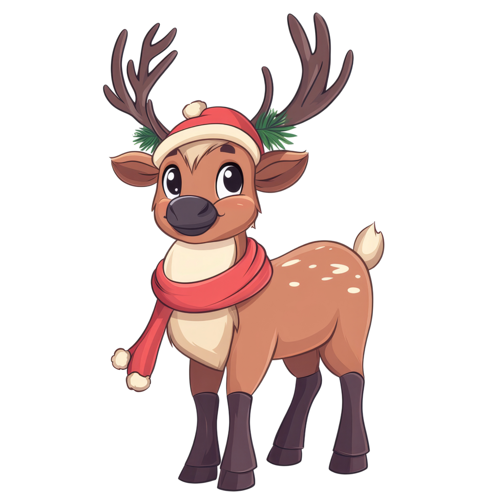 Cartoon Christmas elk wearing a festive hat and scarf, celebrating the holiday spirit in a cheerful and colorful design on a transparent background, Cartoon Christmas Elk Isolated on transparent png