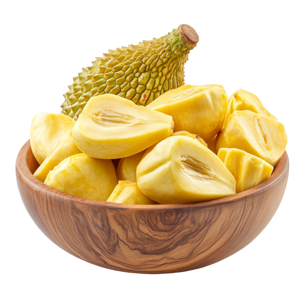 Ripe jackfruit pieces in a wooden bowl on a transparent background, showcasing their vibrant yellow color and unique texture, Ripe Jackfruit in the wood bowl isolated on transparent background png