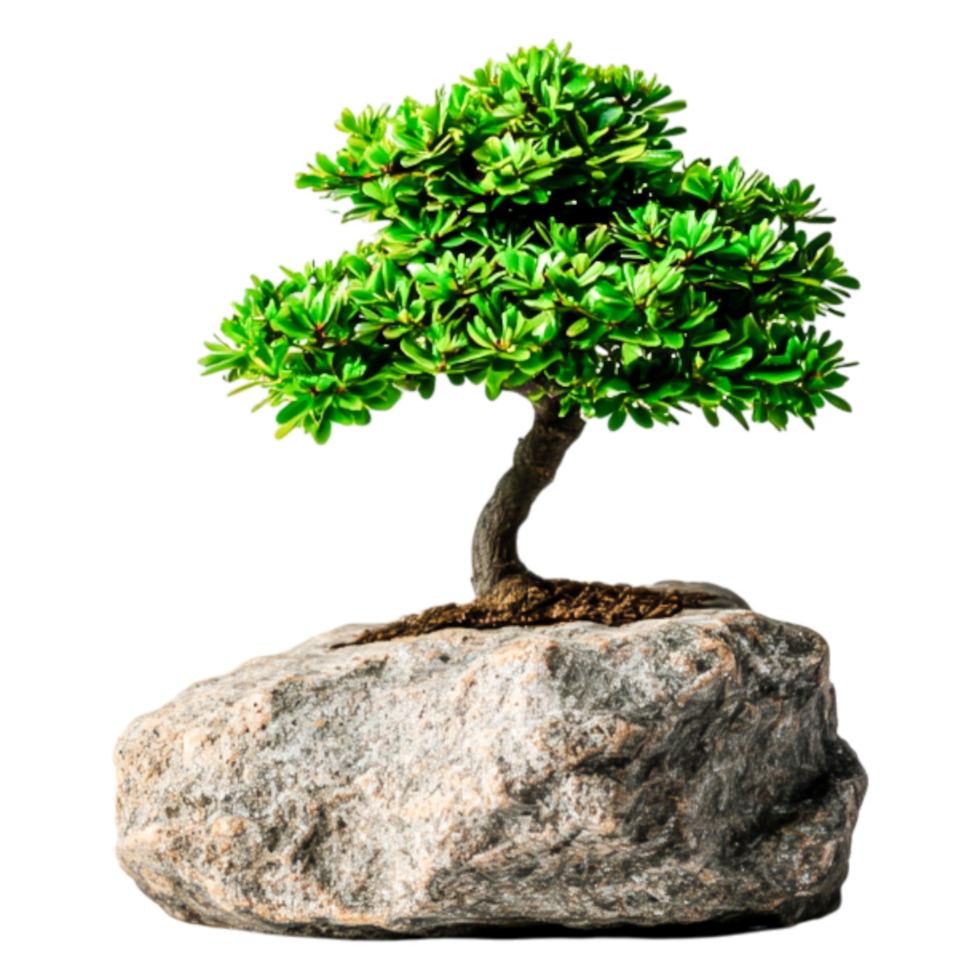 Small Bonsai Tree Growing on a Large Stone with Vibrant Green Foliage png