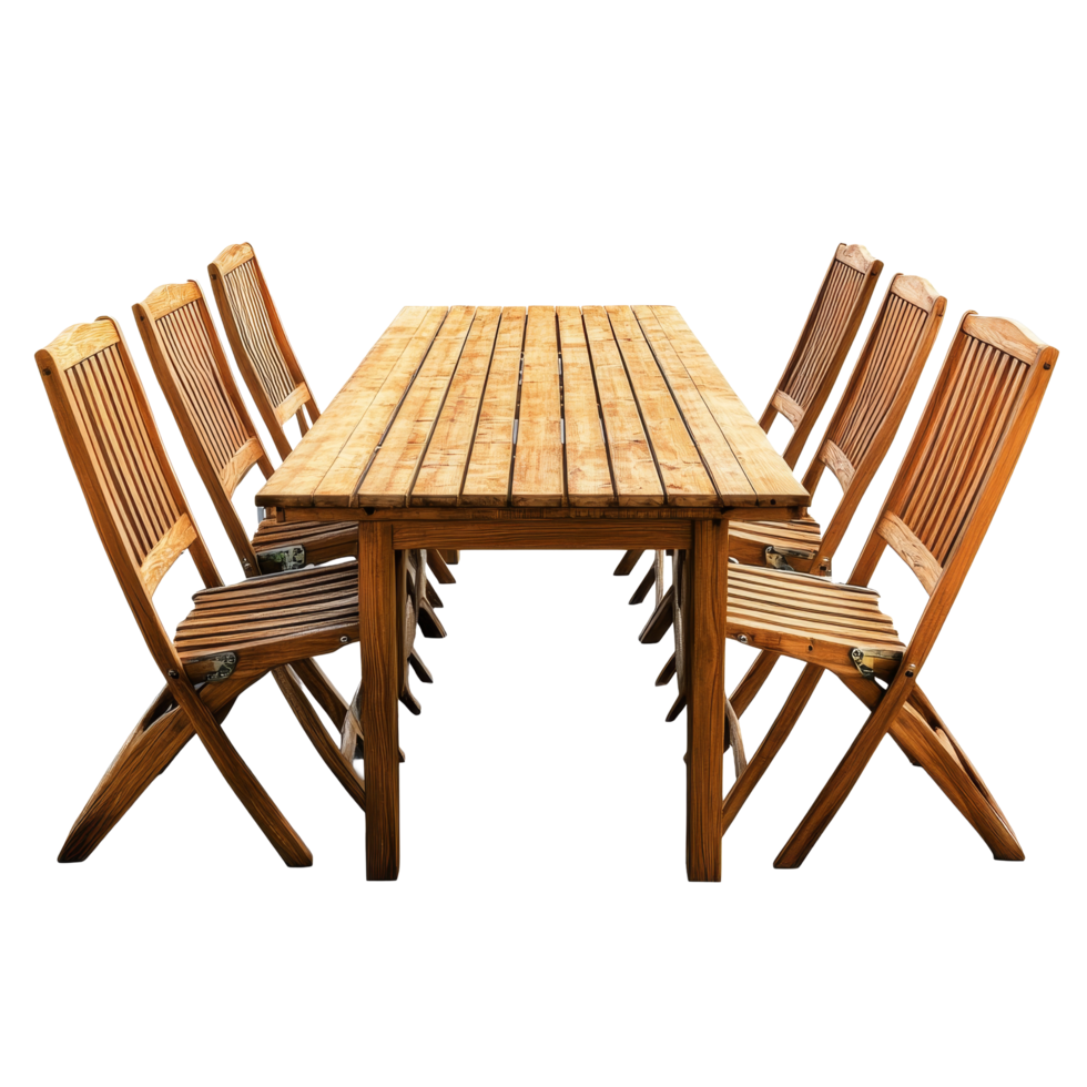 Wooden garden table with folding chairs set for outdoor dining surrounded by a bright transparent background, garden wood table and folding chairs isolated on transparent backgroundfile png