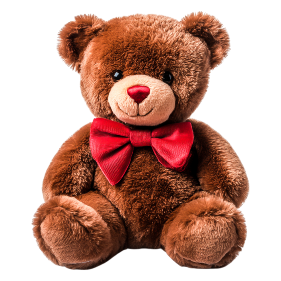 Soft Brown Teddy Bear with Red Bow Tie Sitting Cute and Cuddly png