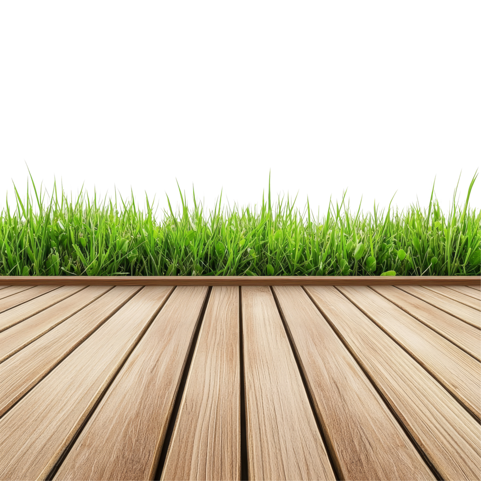 A serene view of a wooden floor meeting a lush green grass background in a bright and airy setting, wooden floor with grass background,isolated transparent background png