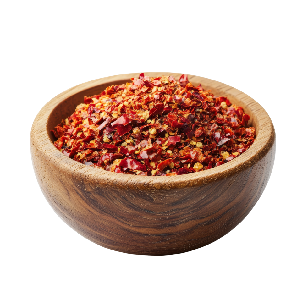 Crushed red chili pepper in a wooden bowl isolated against a transparent background showcasing vibrant spices, Crushed red chili pepper in wood bowl isolated on transparent background png