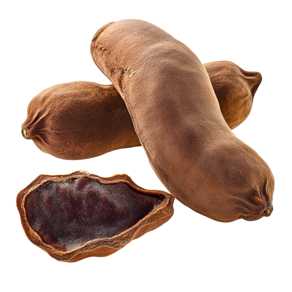 Velvet tamarind fruits laid out on a transparent background showcasing their unique shape and texture, Velvet tamarind fruit on transparent background png