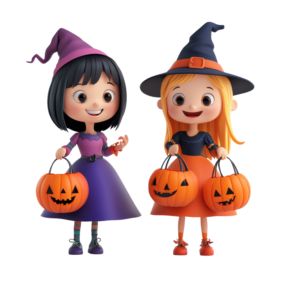 Two cheerful cartoon girls in Halloween costumes holding pumpkin baskets on a bright background, 3D Cartoon Girls with Halloween Baskets on transparent background png