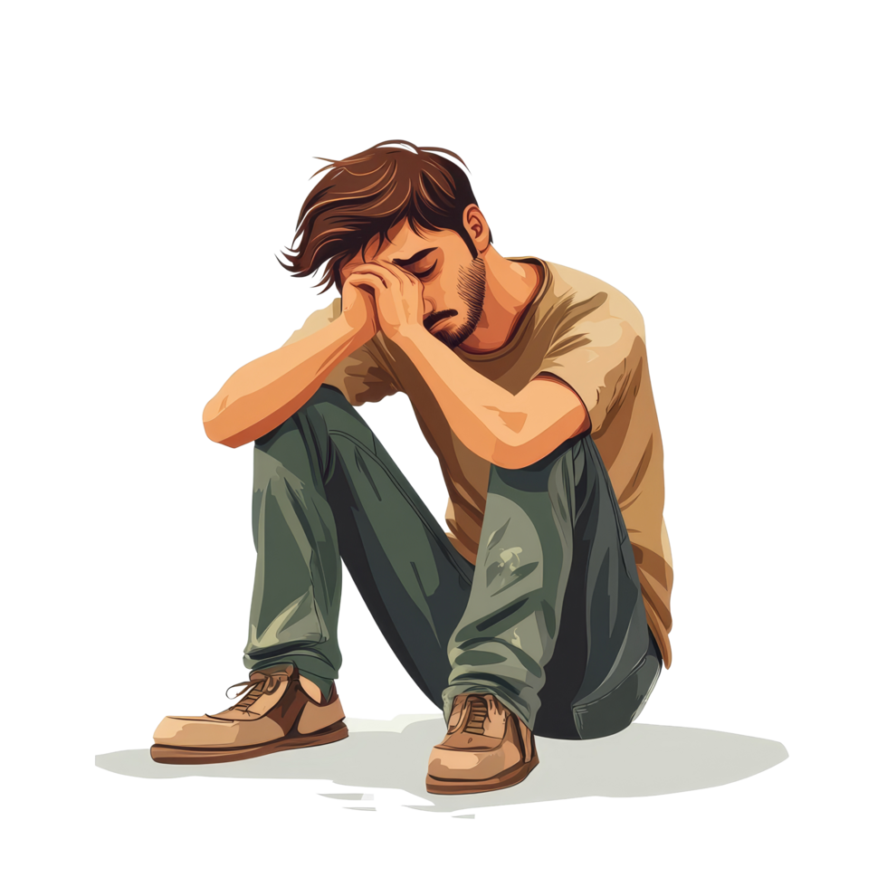 A sad man sitting on the ground in contemplation during a difficult moment of crisis or illness, sad man is going through a crisis or is sick, file of isolated object on transparent background png
