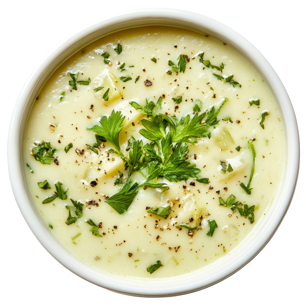 Delicious creamy potato leek soup garnished with fresh herbs served in a bowl against a clean transparent background, Creamy Potato Leek Soup with Herbs On transparent background png