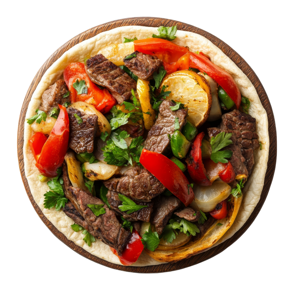 Delicious beef and vegetable dish served on a flatbread in a rustic setting, dish made of bread, beef, and vegetables top view isolated on transparent background png
