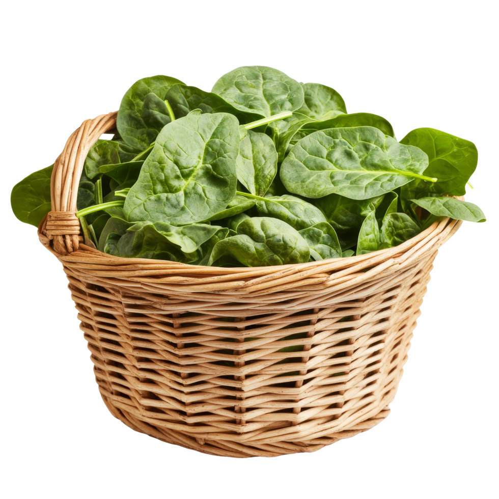 Fresh spinach leaves in a woven basket isolated against a transparent background for healthy cooking inspiration, Spinach leaves in basket isolated on transparent background png