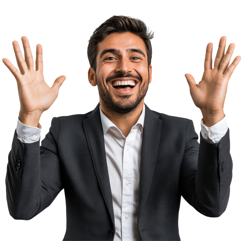 Cheerful businessman celebrating success with raised hands in a professional setting during the daytime, file no background Cheerful businessman celebrating with hands up png