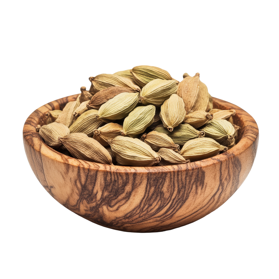 Cardamom seeds in a wooden bowl showcasing their rich texture against a transparent background, cardamom in wood bowl isolated on transparent background png