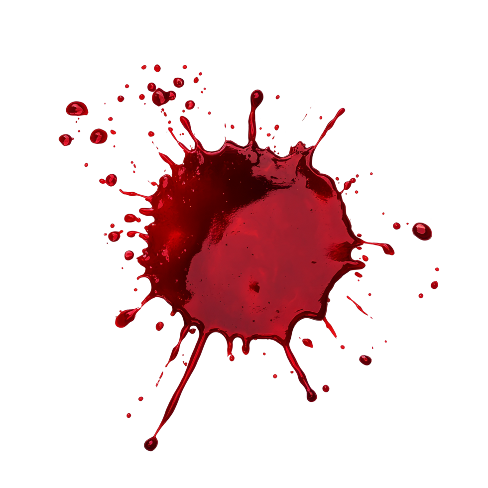 Realistic blood stain on a transparent background, showcasing vivid color and intricate splatter details for artistic effects, Real Blood Stain On transparent background png